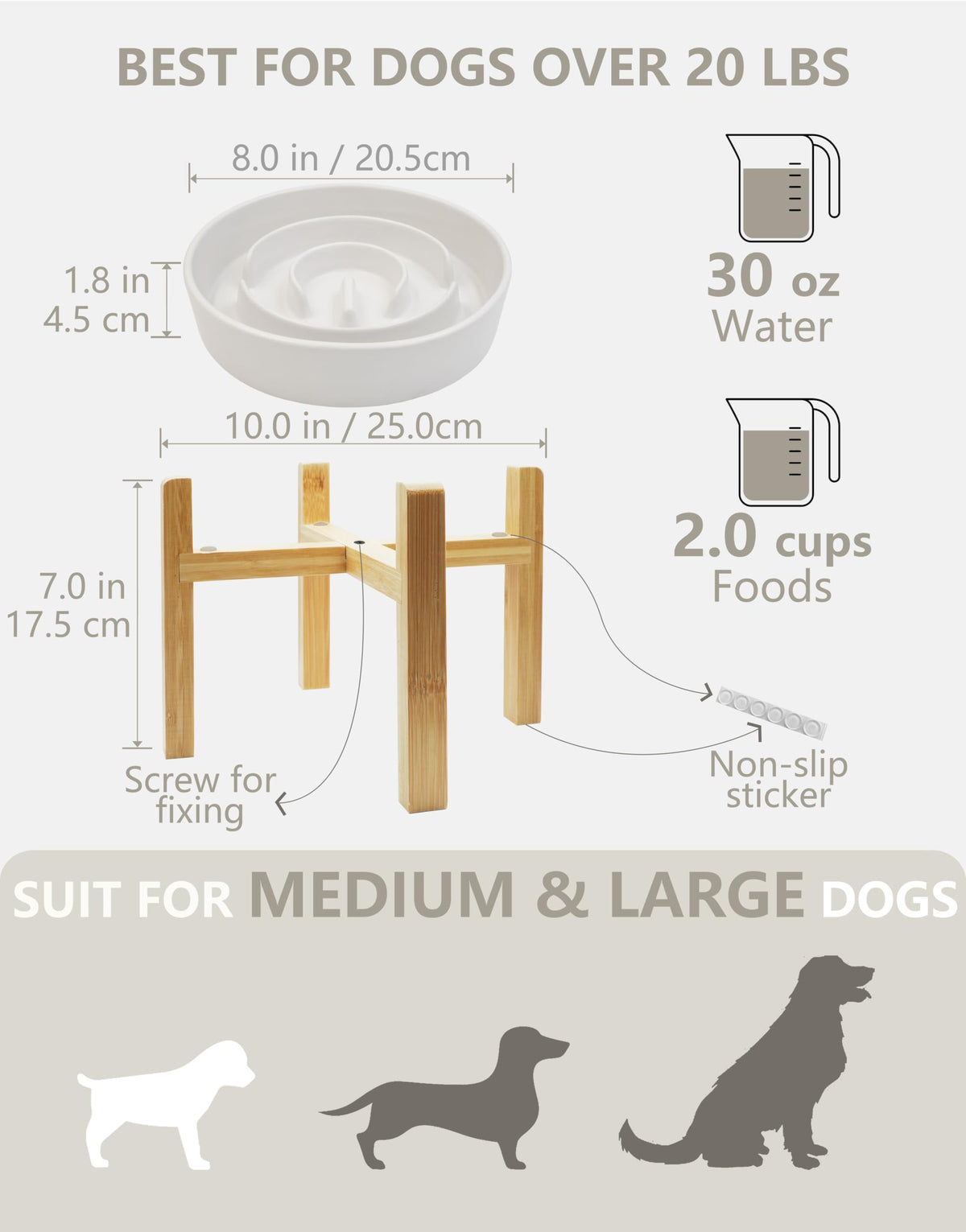 Ceramic Slow Feeder Dog Bowls Elevated (White + Stand / 8 Inches)