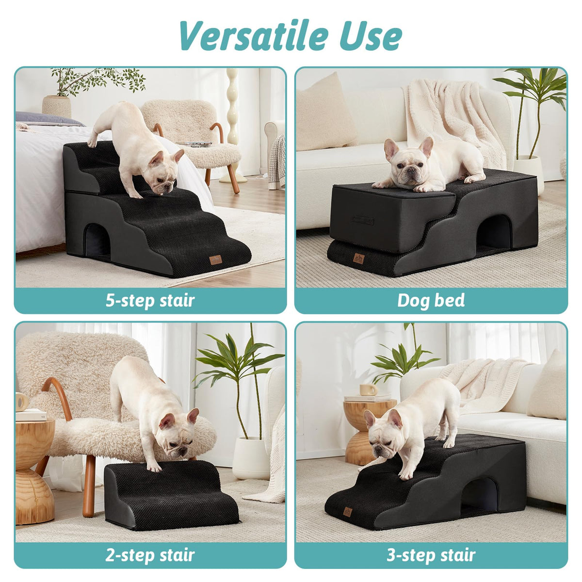 Extra Wide Small Dog Stairs with Tunnel (Black / Detachable 19.7" x 33" x 22.4")