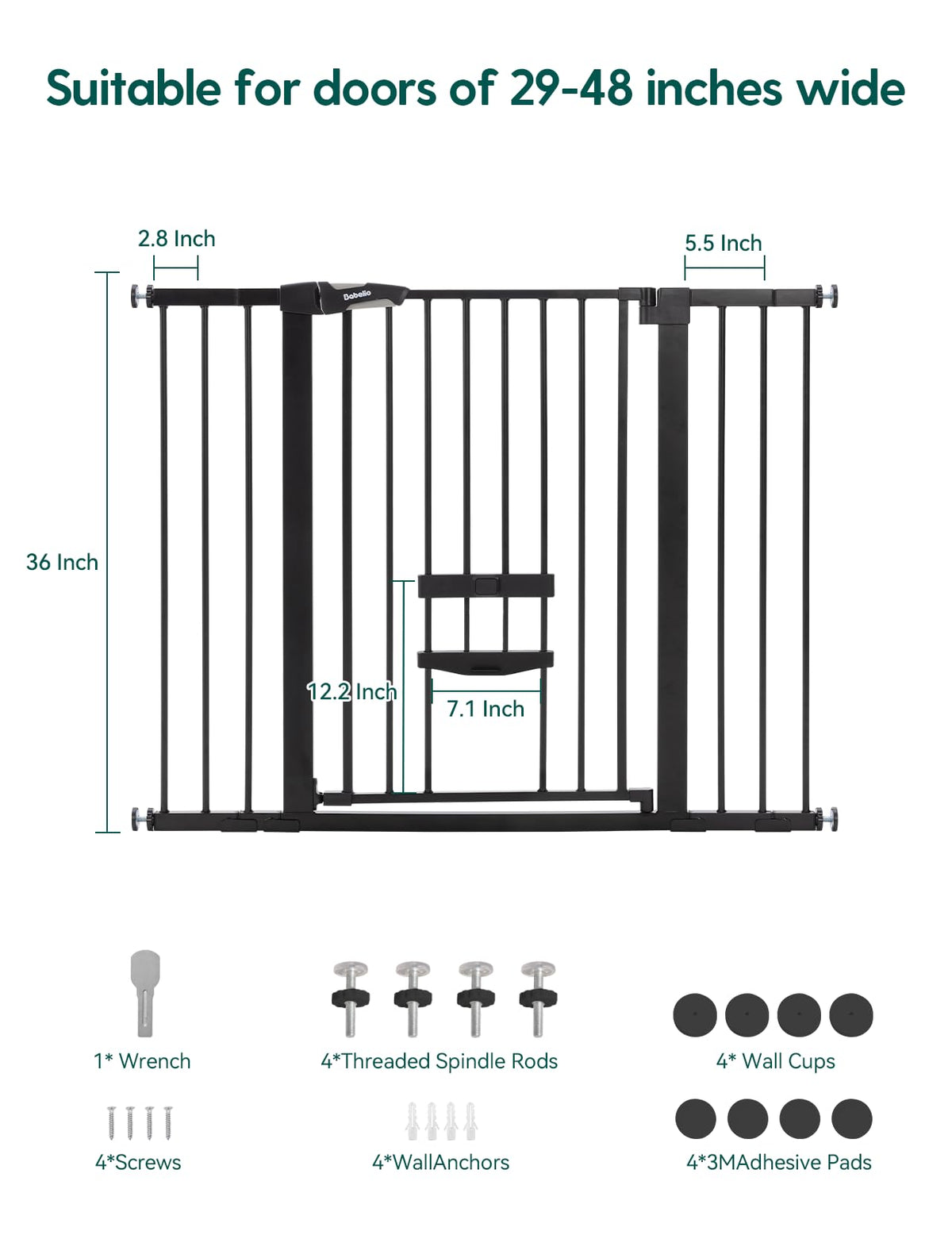 36" Tall Dog Gate with Cat Door (Black / 29-48" Wide, 36" Tall)
