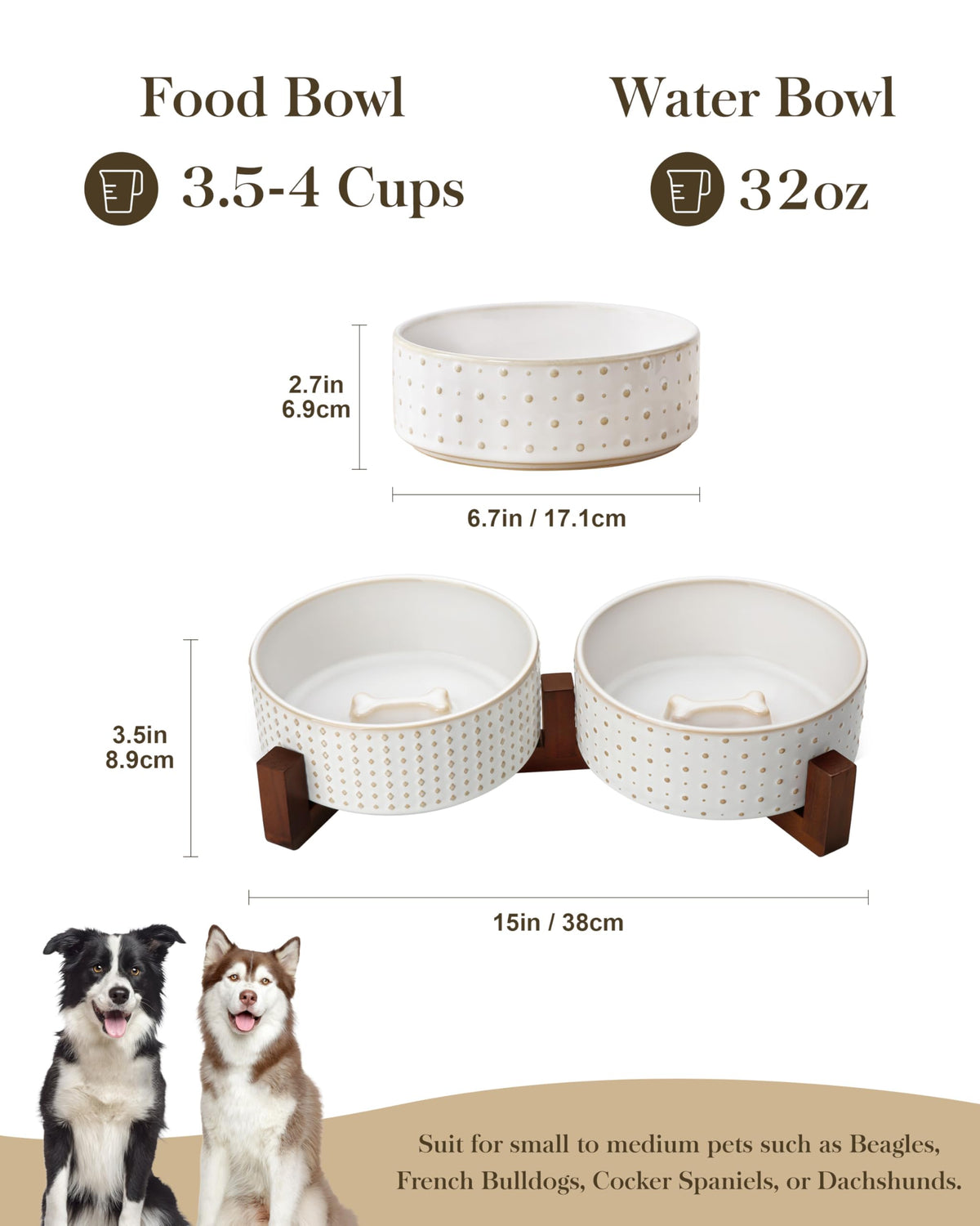 Dog Bowl Set Ceramic Bowls with Walnut Wood Stand (Rhombic+Polka Dots / 4 Cups)