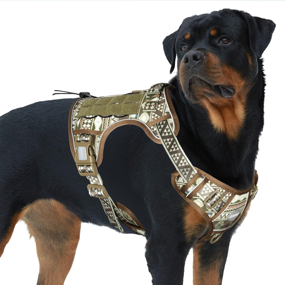 Tactical Dog Harness for Large Dogs (Tribal Patterns-Green / XL(Neck:20-31",Chest:26-42"),75-135 lbs)