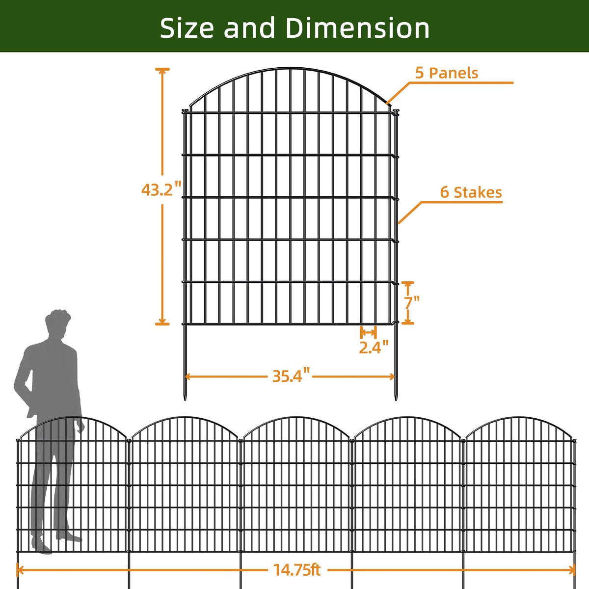 Heavy Duty Metal Garden Fence 43.2 in x 14.75 ft (43.2"Hx14.75ft (Heavy Duty Panels))