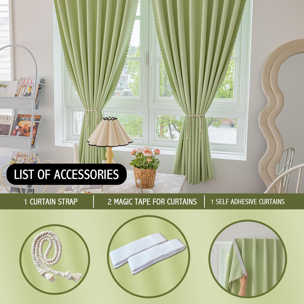 Magic Tape Stick on Curtains Blackout Curtains for Bedroom no Drillng Self Adhesive Curtain no Rod Small Window (Green / 47"W x 71"L (Pack of 2))