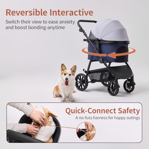 3-in-1 Dog Stroller for Small and Medium-Sized Dogs up to 55 lbs (BlueGray)