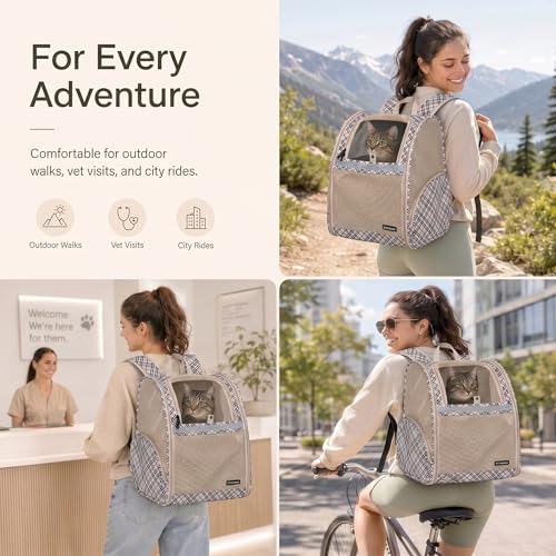 Cat Backpack Carrier for Small Dogs and Medium cat Puppy Kitten Bunny Pet Carrier Backpack Collapsible with Fully Ventilated Mesh with Safety Leash (Khaki / 12.9"L x 10.62"W x 15.5"H)