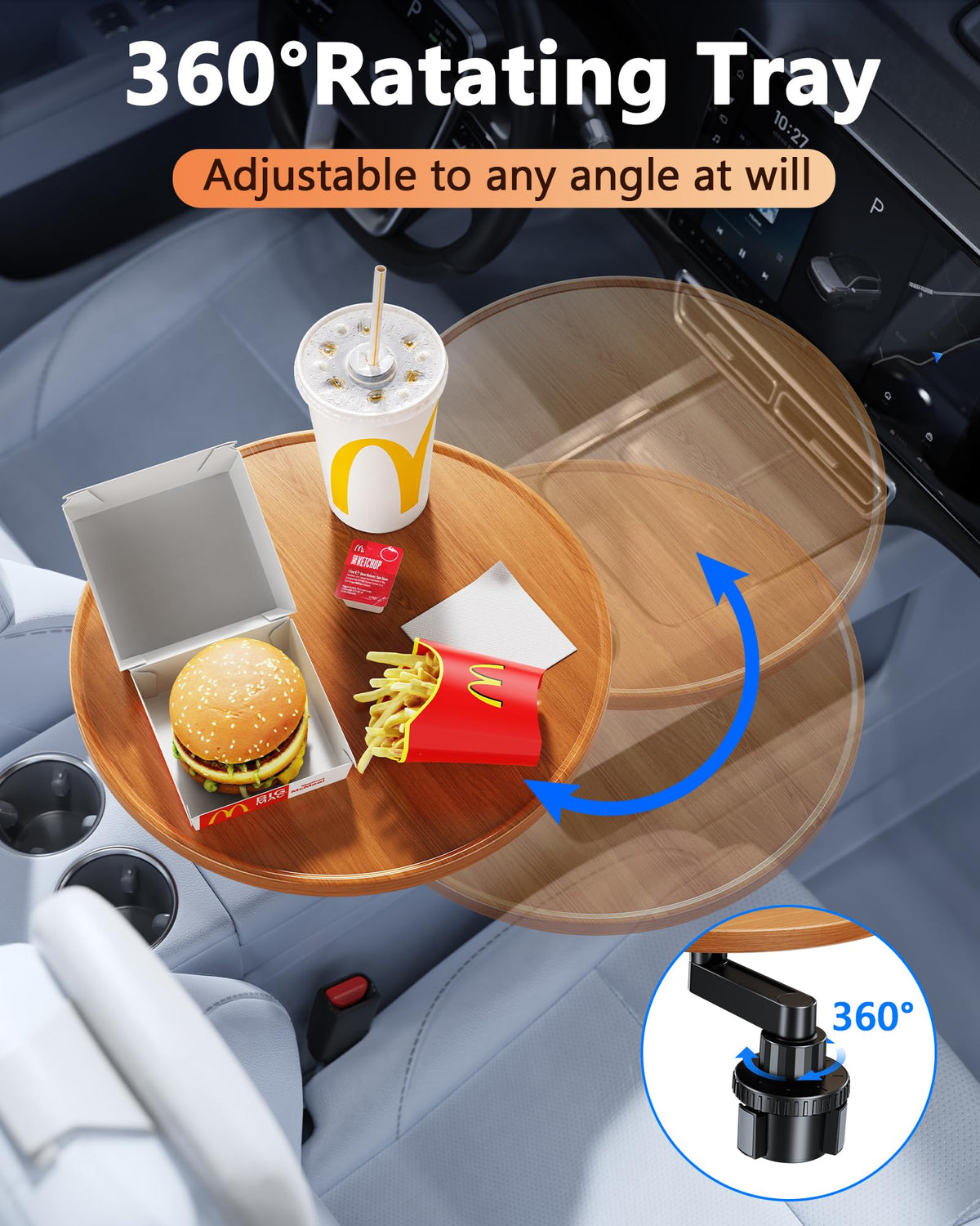 Tesla Model 3 Y Wood Car Cup Holder Tray Table for iPad Laptop Food (12.5"-Round Tray)