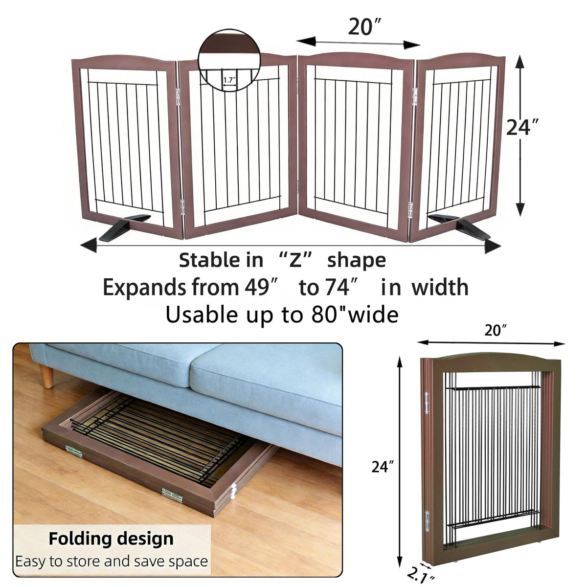 Freestanding Dog Fence Indoor (Brown / 【4 Panels】80''w x 24''h)