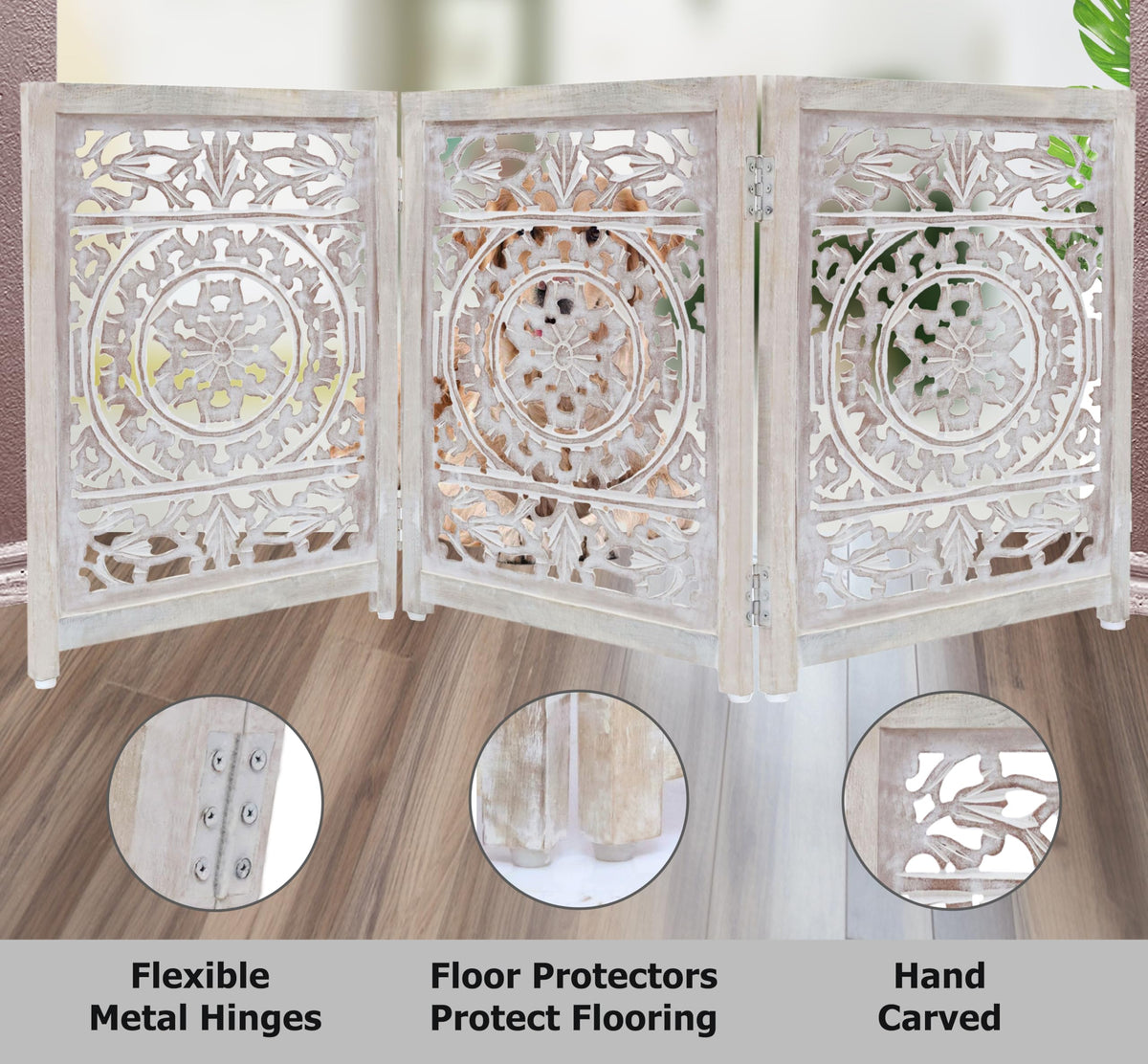 Wooden Foldable Pet Dog Gate (White Wash / 3 Panel)