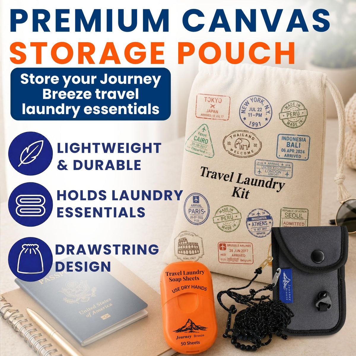 Travel Laundry Detergent Sheets with Laundry Bag and Strong Portable Clothesline (Pocket Sheets (50) + Laundry Bag + Light Clothesline)
