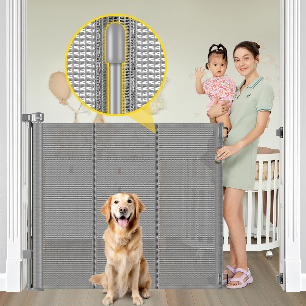 Reinforced 42" Extra Tall Retractable Baby Gates (Gray / Reinforced 42" Tall X 60" Wide)