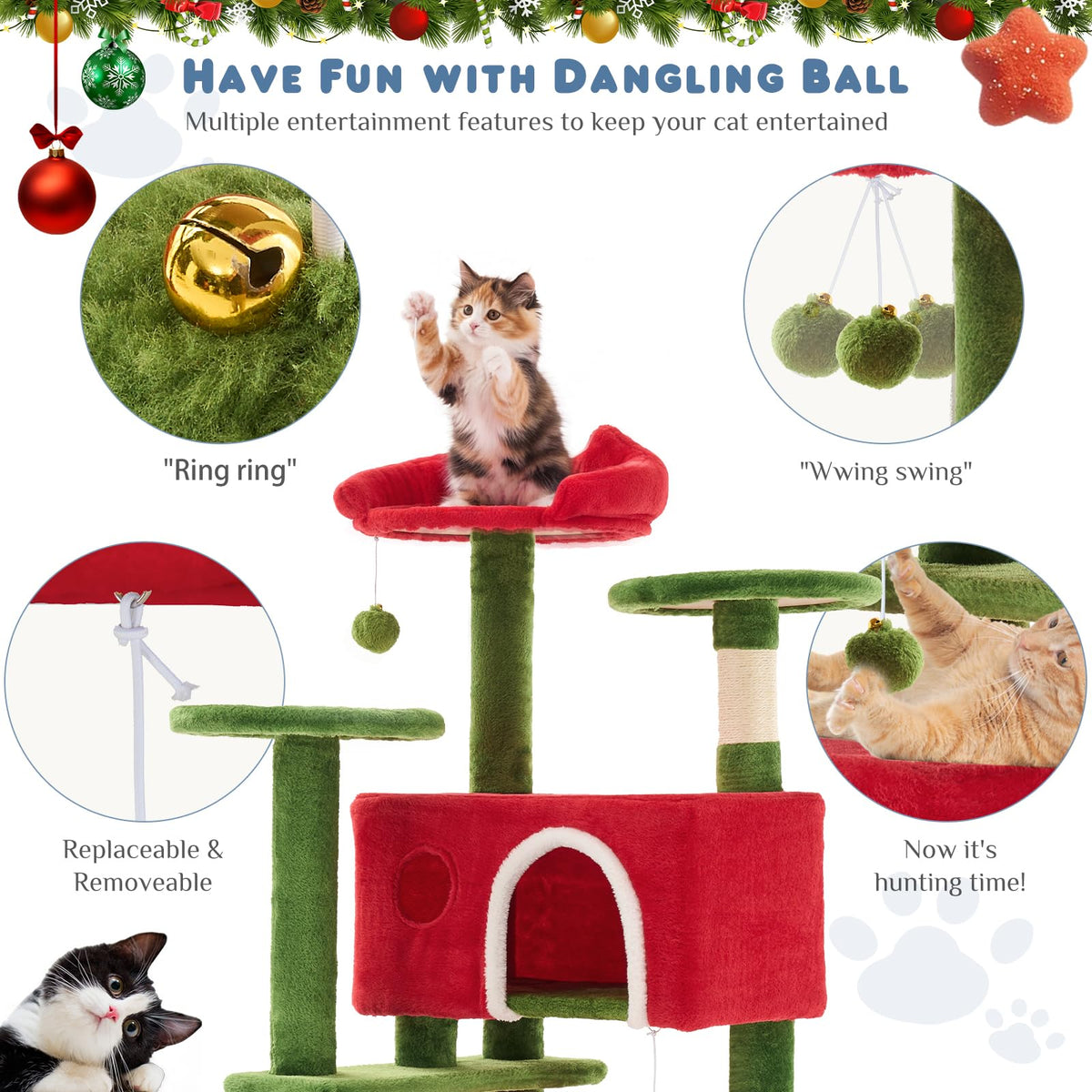54 Inch Cat Tree Tower with Scratching Posts (Red & Green / 54 Inch)