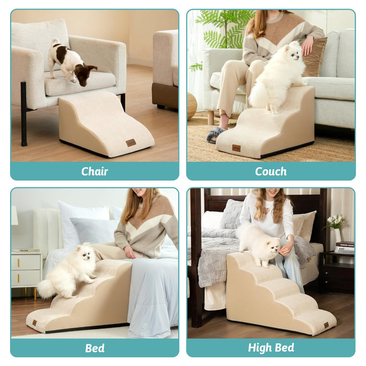 Wide Dog Stairs for Small Dog 15.7" H (Beige / Wide:17.7" x 22.4" x 15.7")