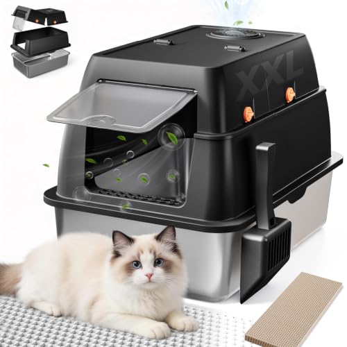 XXL Stainless Steel Cat Litter Box with Lid (Carbon Black / 23" L × 16" W × 18" H)