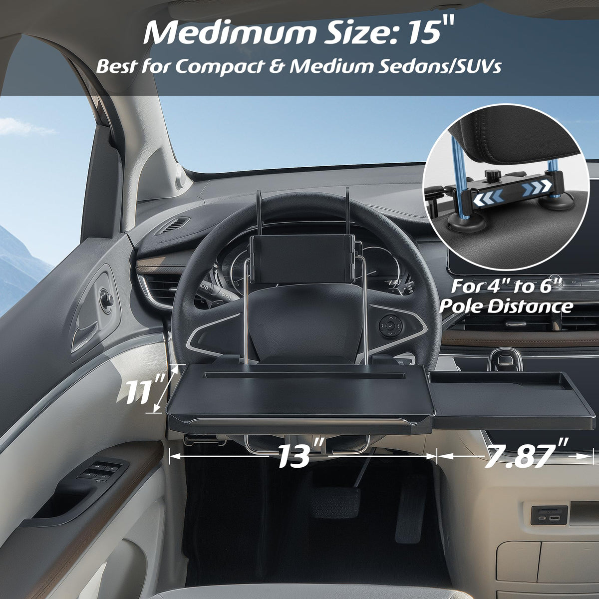 Large Car Steering Wheel Tray Back Seat Headrest Tray with Phone Holder (14")