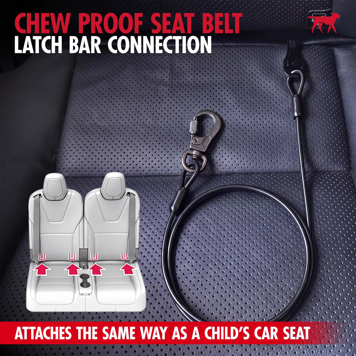 Chew Proof Steel Dog Seat Belt for Cars (Black / Chew Proof LATCH Bar Attachment)