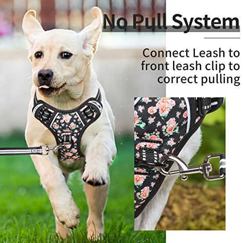 Dog Harness No Pull Adjustable Padded Reflective Harness for Small Medium Large Dogs with Handle for Walking Training (XL / Flower-Black)