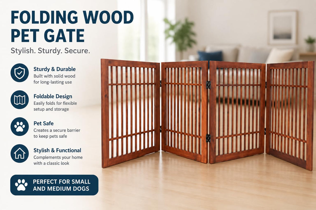 Freestanding Wooden Dog Gate Foldable Indoor Pet Gate No Drill Expandable Barrier for Doorways Stairs Hallways Portable Wood Fence for Small Dogs & Puppies (4 Panel 24" Tall / Brown Pet Gate)