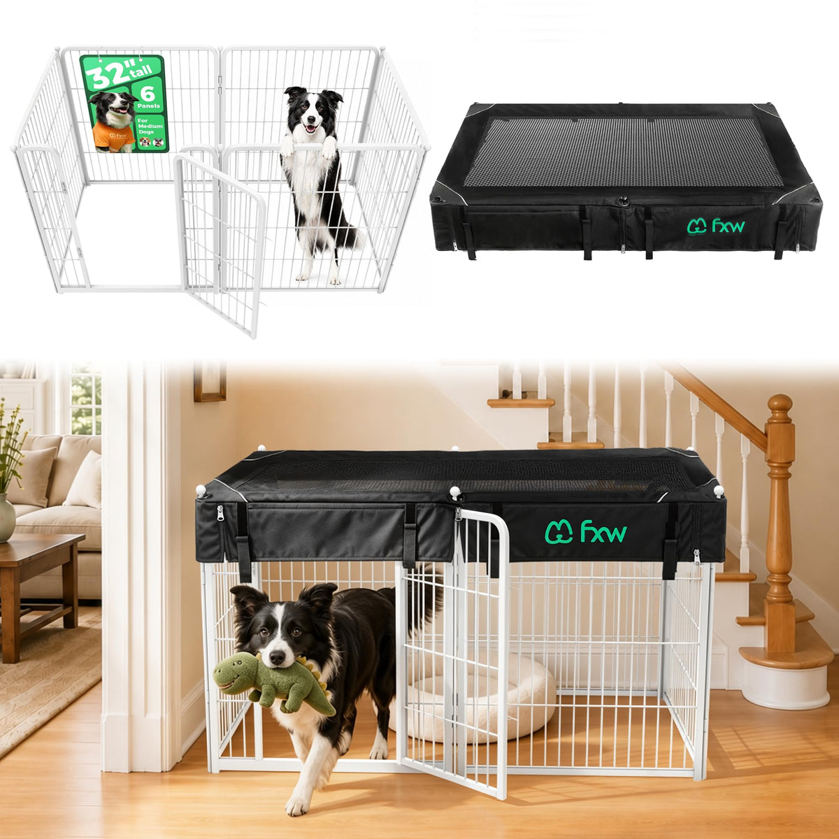 Homeplus Indoor Dog Playpen with Mesh Top Cover (White / 32"H)