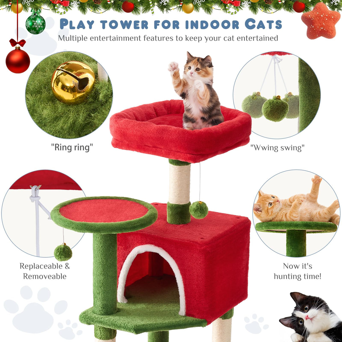 44 Inch Cat Tree Tower with Natural Sisal Scratching Posts (Red & Green / 44 Inch)