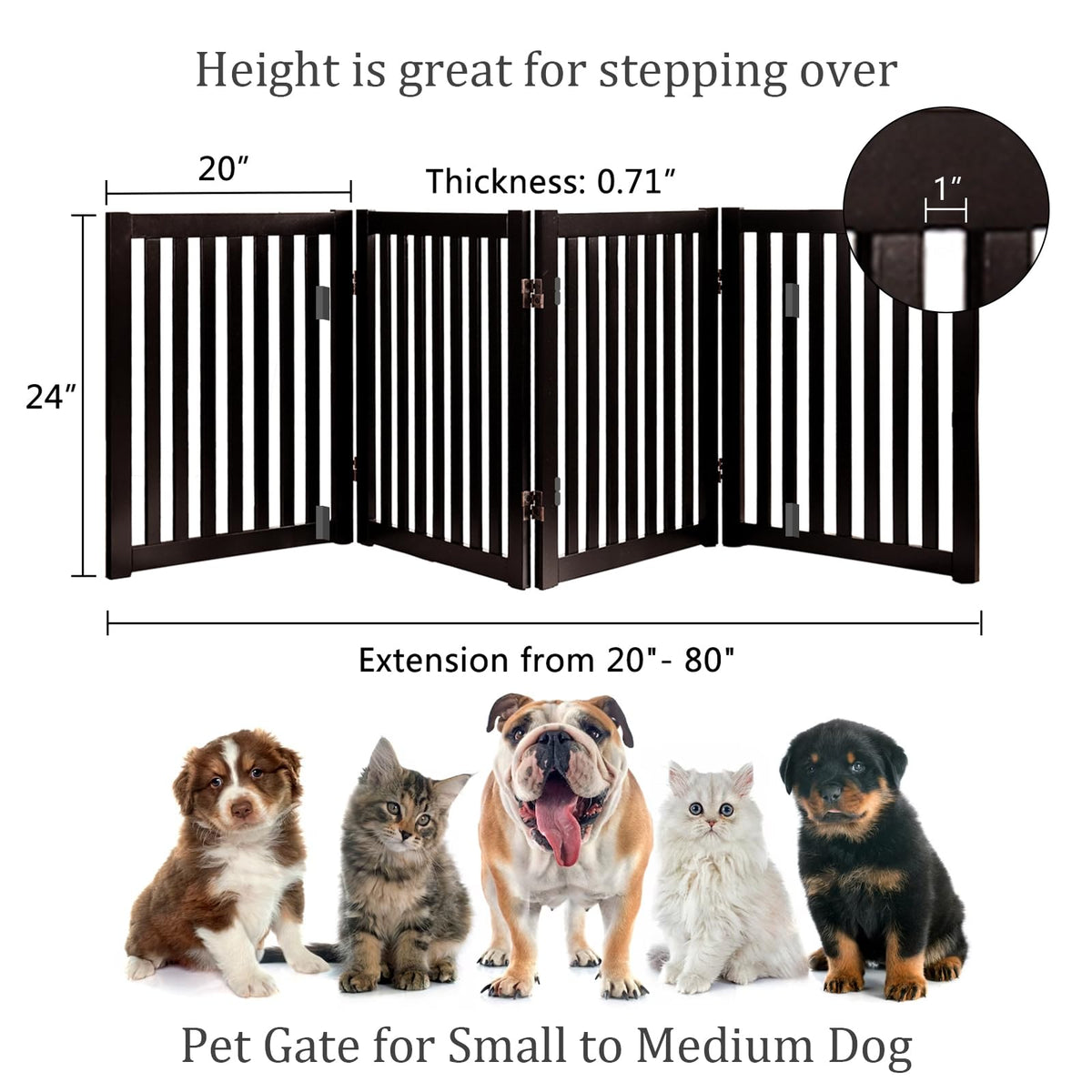 Freestanding Pet Gate 4 Panel Wooden Step Over Dog Gate (Espresso / 4 Panel 80" Wide)