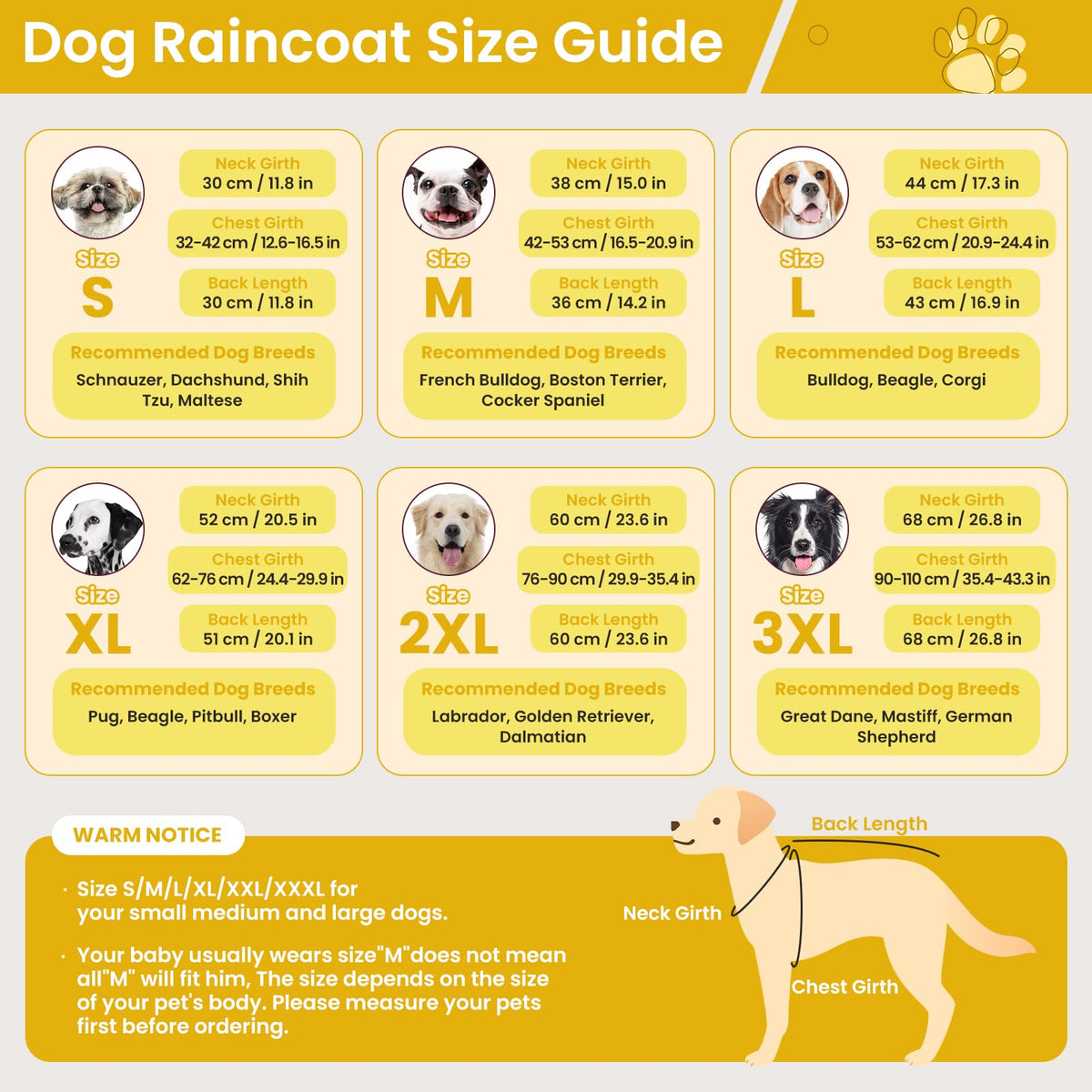 Dog Raincoat Waterproof Rain Jacket with Hood (XXXL(Back Length26.7") / Yellow)