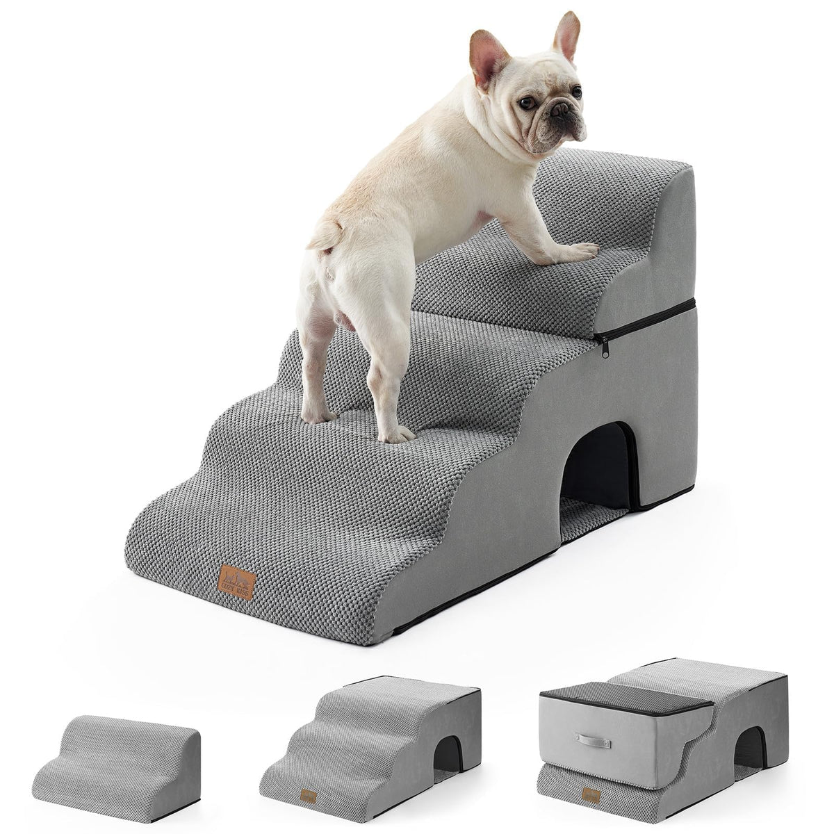 Extra Wide Small Dog Stairs with Tunnel (Grey / Detachable 19.7" x 33" x 22.4")