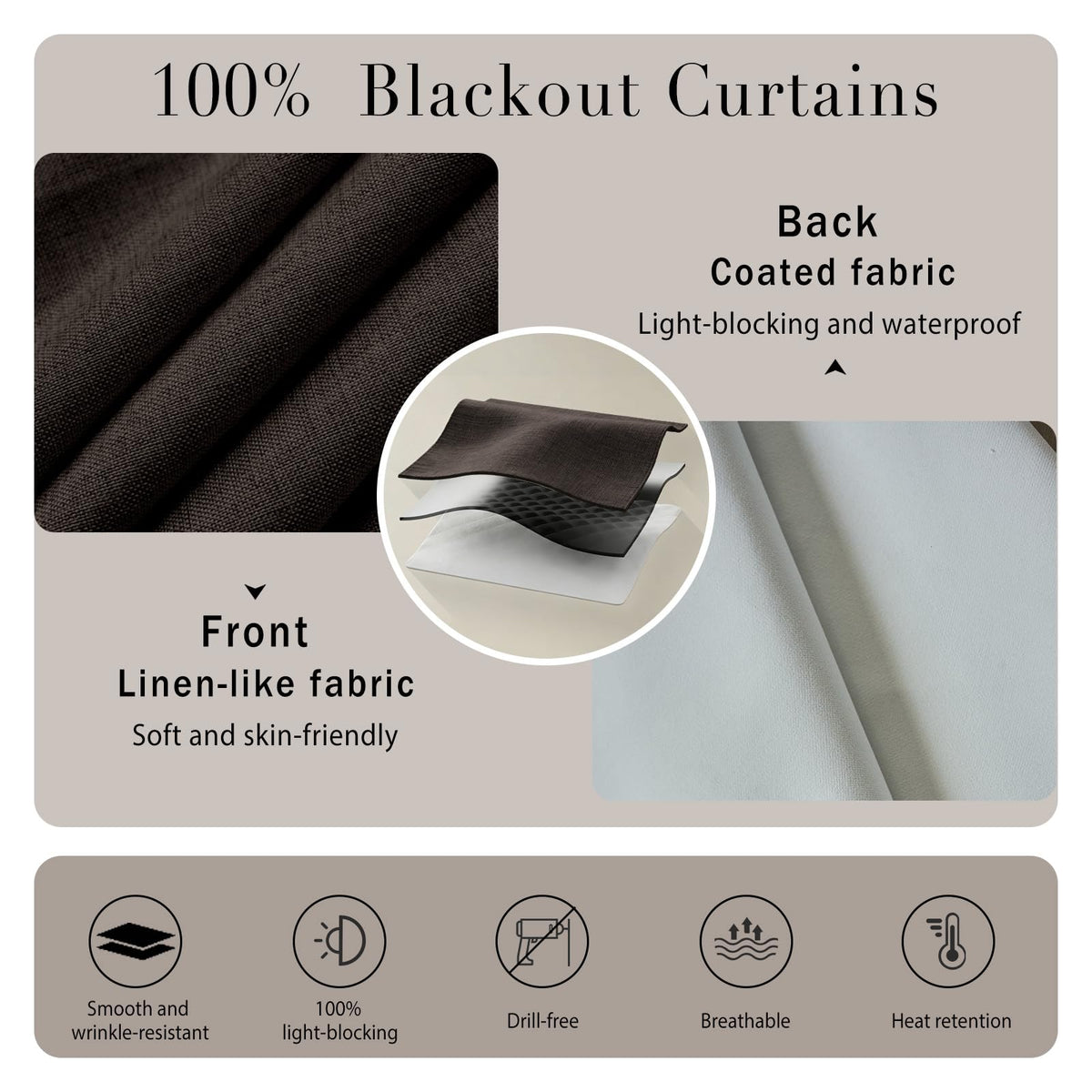 100% Blackout Magic Tape Stick On Curtains Window Shades Pull Down Blackout Window Cover No Drillng Self Adhesive Curtains No Rod Small Windows (34"W x 60"L (Pack of 1) / Dark Brown)