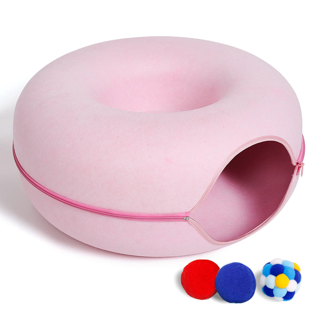 Large Cat Tunnel Bed for Indoor Cats with 3 Toys (L(24x24x11) / Pink)