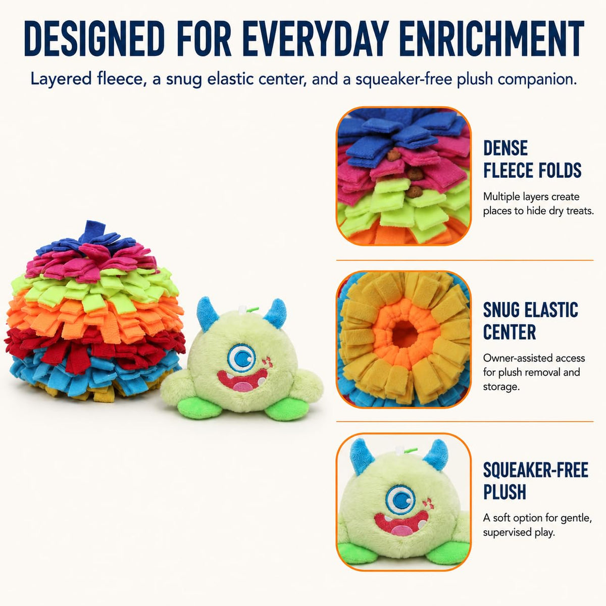 2-in-1 Snuffle Ball for Dogs with Removable Plush Toy and Built-in Storage, Interactive Dog Puzzle Toy for Treat Hiding & Slow Feeding, Machine Washable Dog Enrichment Set (Rainbow-colored / Large)