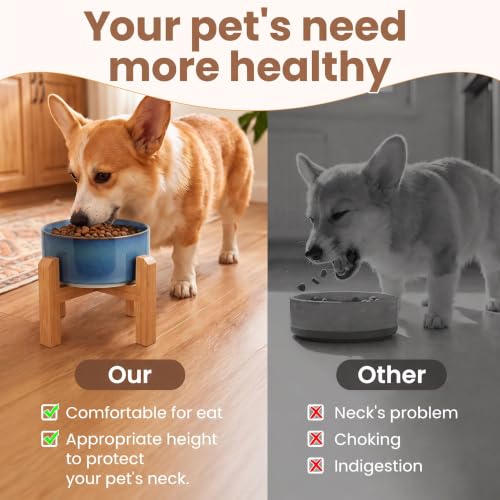 Elevated Ceramic Dog Bowl with Bamboo Stand (Deep Blue / 3.6Cup)