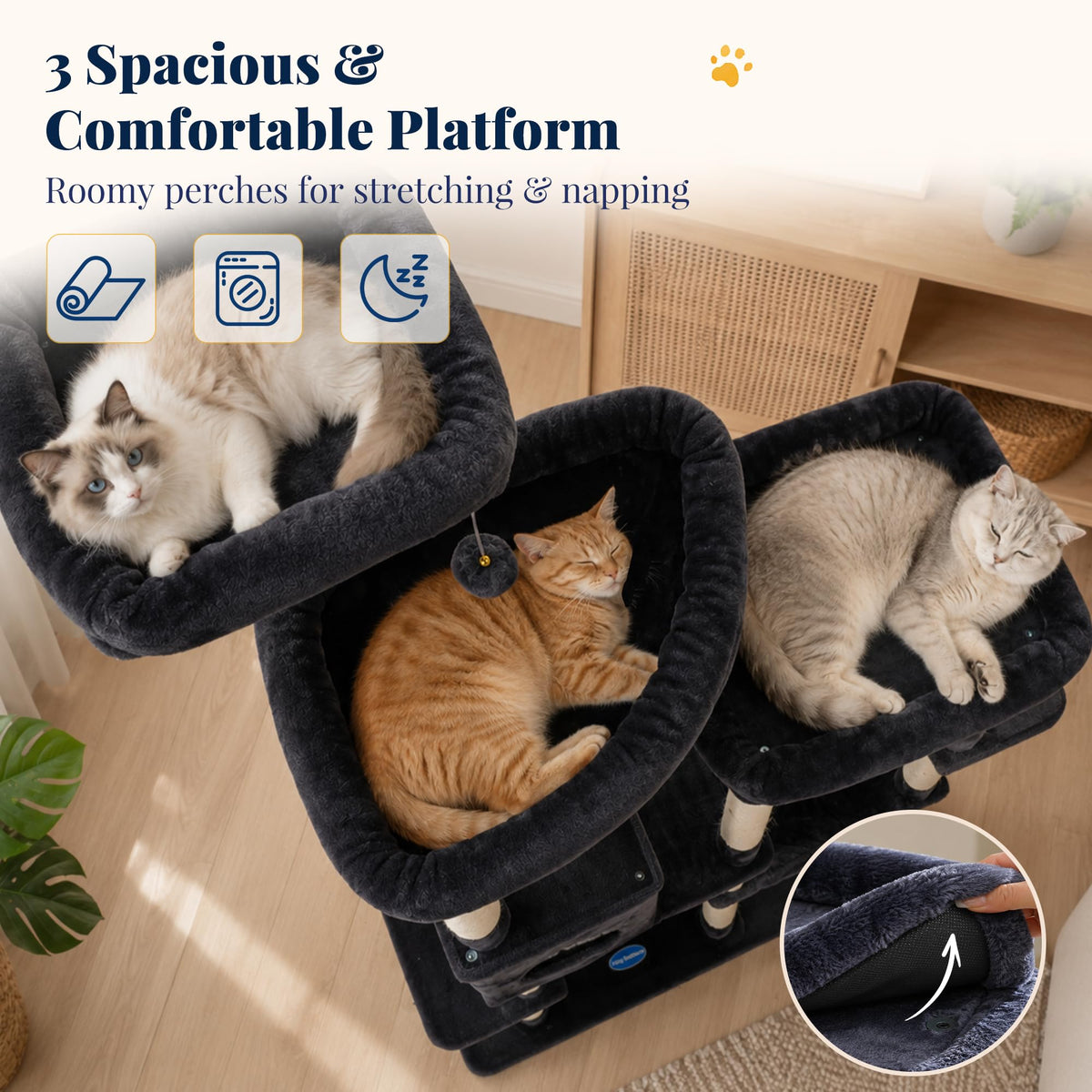 Cat Tree Tower with Stable Extended Base (Smoky Gray / 71.9 Inches)