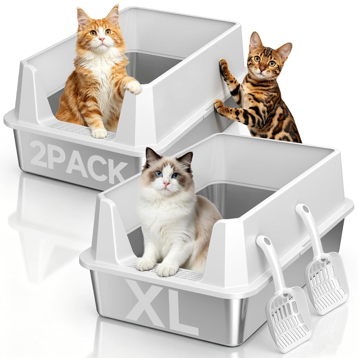 2 Pack XL Stainless Steel Litter Box with High Sides (Pale gray-2Pack)