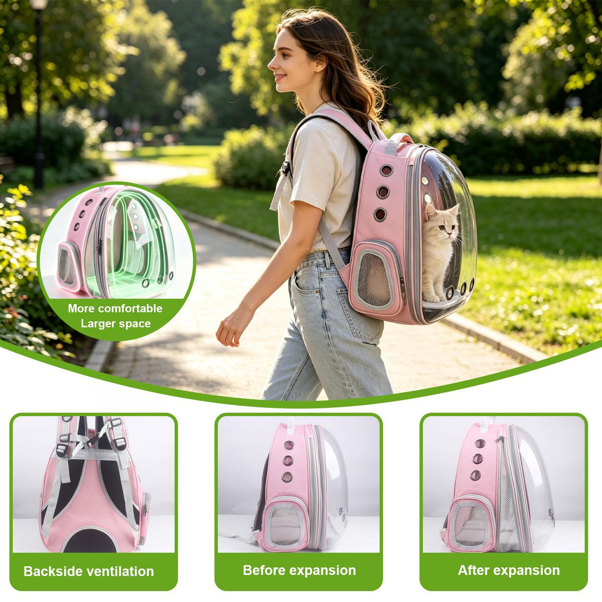 Expandable Pet Backpack 14"×15"×16.5" Cats Dogs Carrier Bag (Pink / 14.0"L x 15.0"W x 16.5"H)