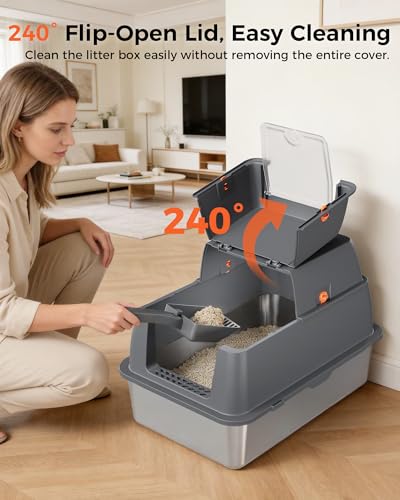 XXL Stainless Steel Cat Litter Box with Lid (Dark Gray / 23" L × 16" W × 18" H)