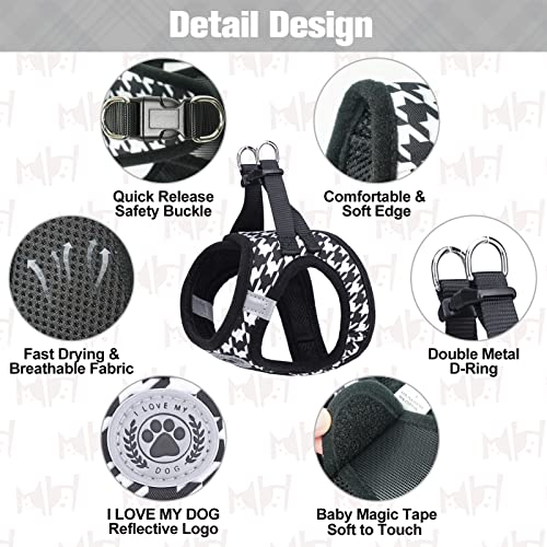 Small Dog Harness and Leash Set (XX-Small(Chest Girth 11.5"-13") / Houndstooth(Black))