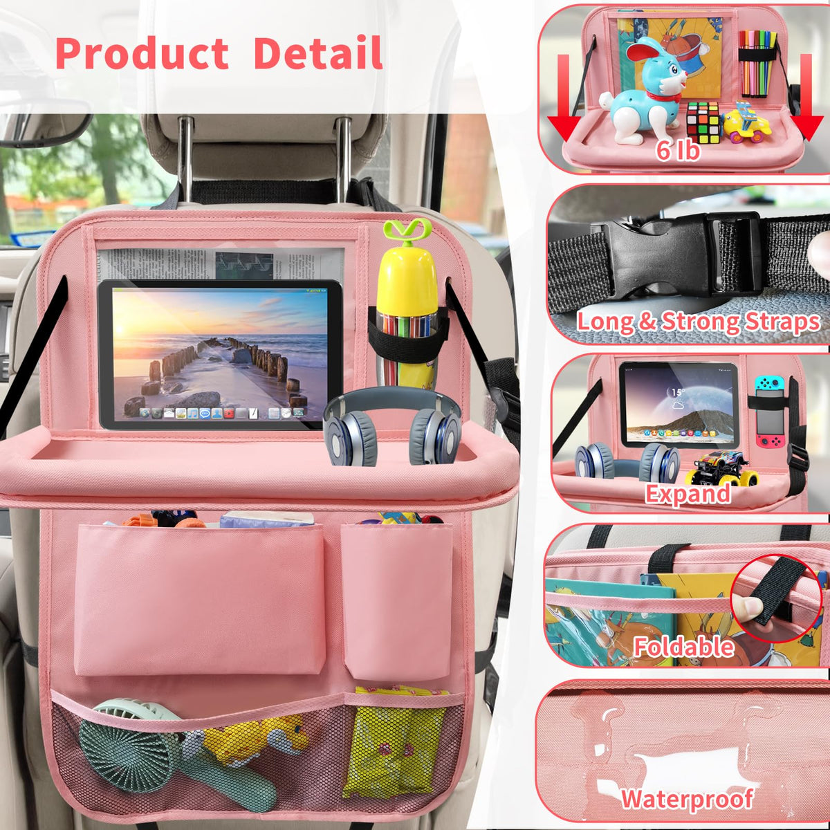 Car Backseat Organizer with Tray (2Pack / Pink)