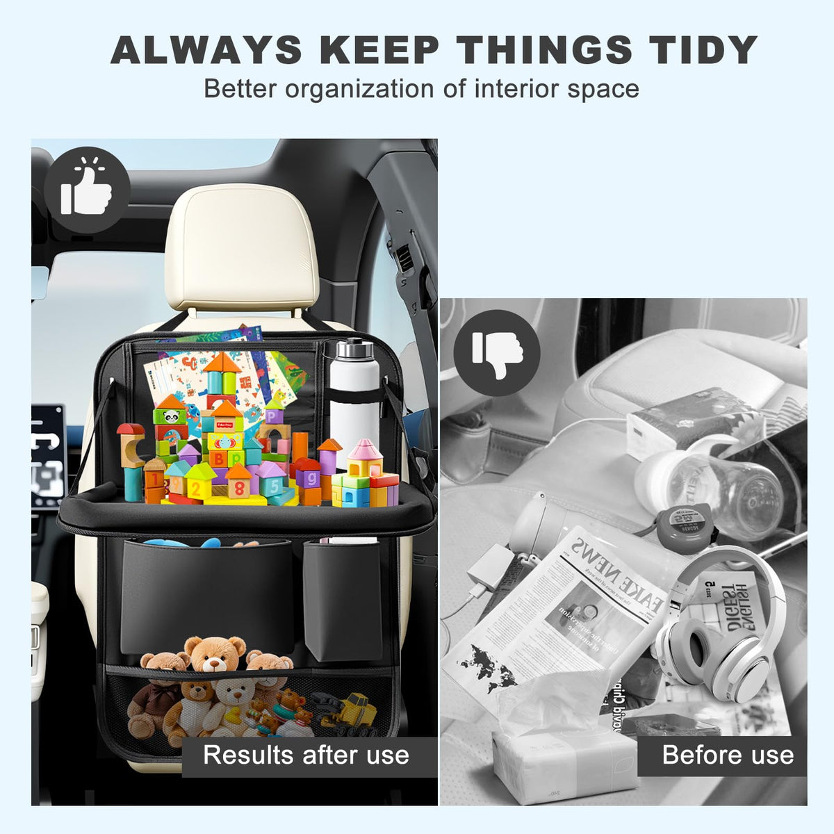 Car Backseat Organizer with Tablet Holder 6 Storage Pockets Organizer Black (Black / 1 Pack with Food Tray)
