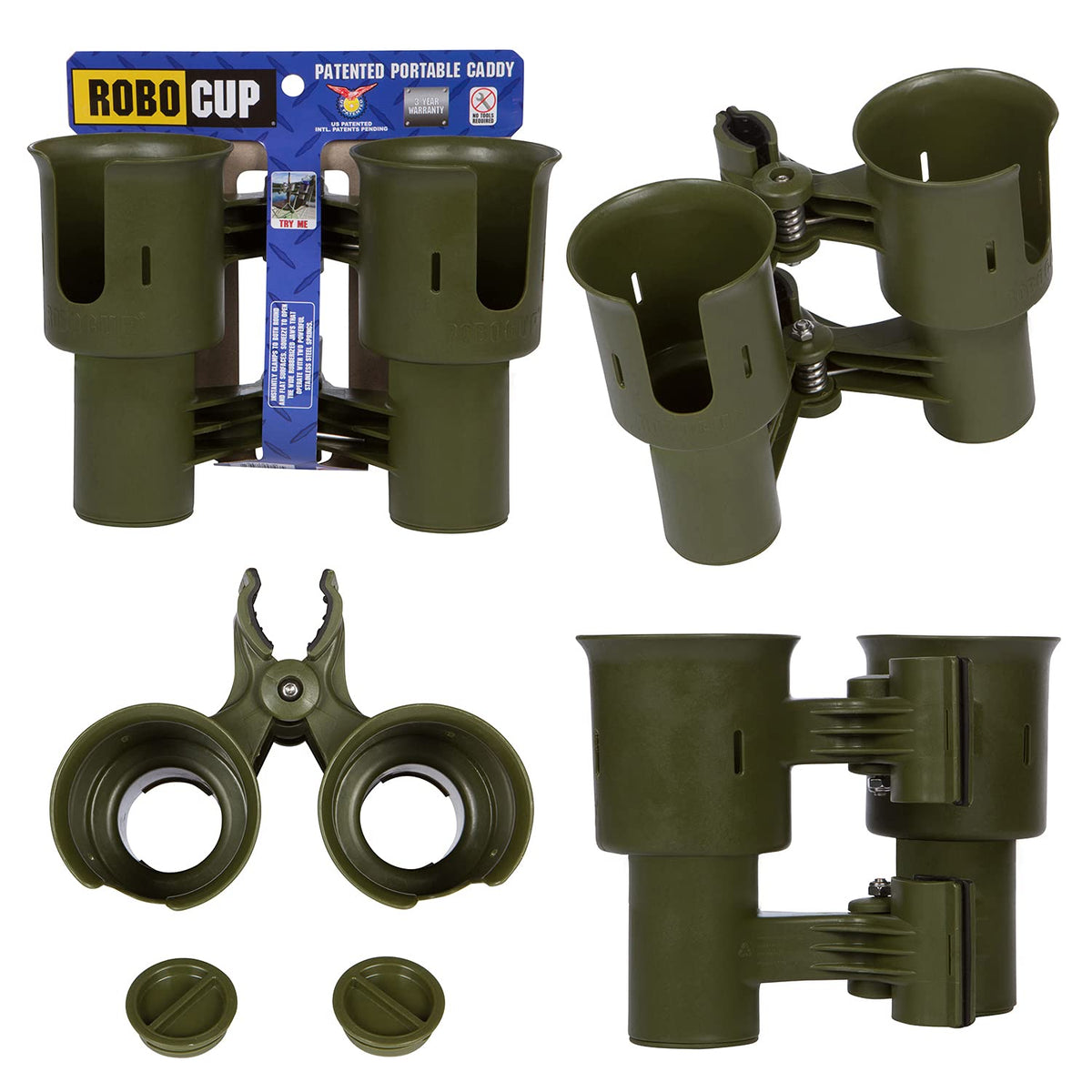 Olive), Patented Clamp On Boat Cup Holder |Multifunction Dual Drink Caddy for Fishing Poles, Tools, Net, Gaff |Portable Storage for Boating, Beach, Umbrellas, Golf Carts, Strollers (Olive / Standard Spring)