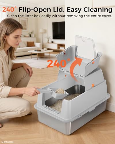 XXL Stainless Steel Cat Litter Box with Lid (Light Gray / 23" L × 16" W × 18" H)