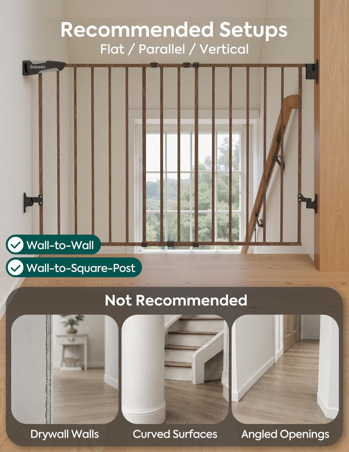 No Bottom Bar Baby Gate (Black Wood Pattern - B17 / 28" H, 26-43" W-Standard)