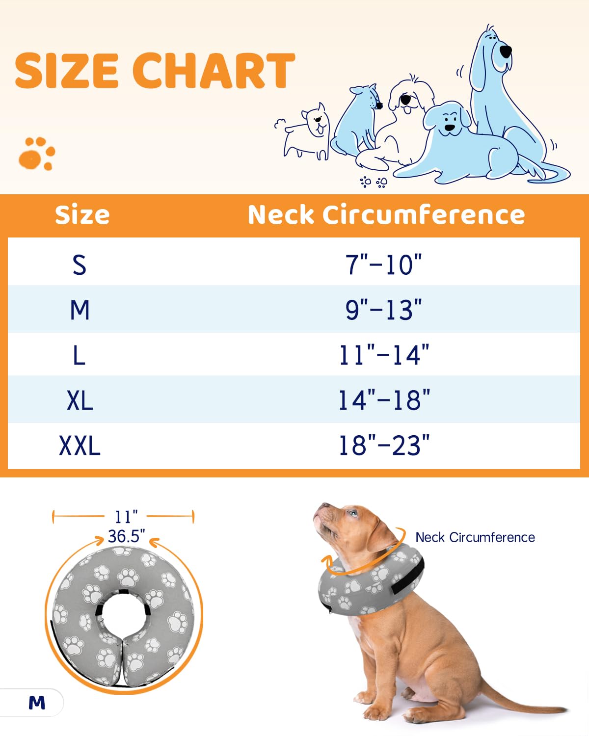 Inflatable Dog Cone Collar for Large Medium Small Dogs (T Paw Grey / M(Neck 9"-13"))