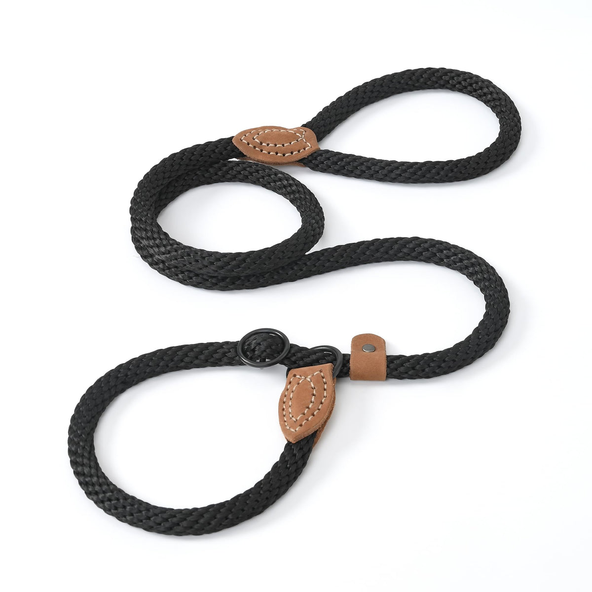 Heavy Duty Slip Lead No Pull Leash w Leather (Jet Black / 5 Feet)