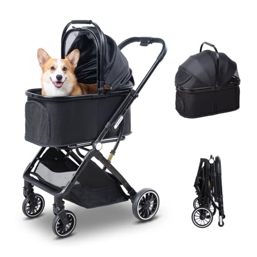 3-in-1 Dog Stroller for Small and Medium-Sized Dogs up to 33 lbs (Black)
