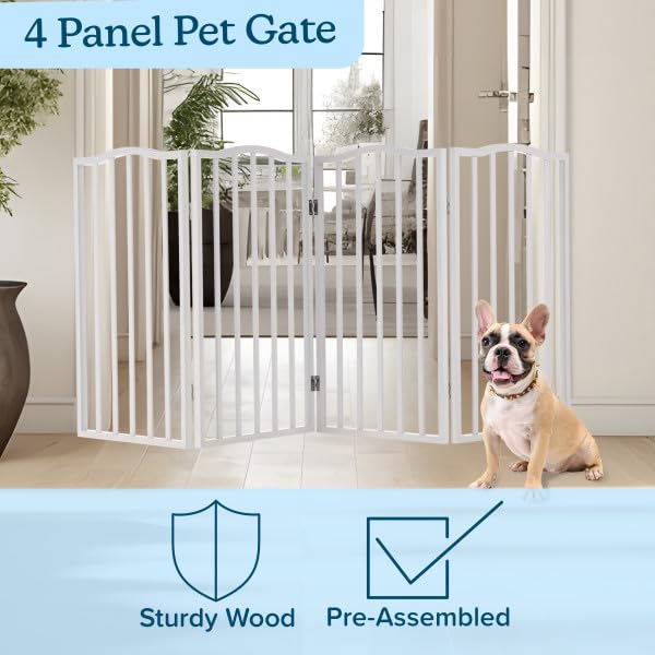Pet Gate - 4-Panel Indoor Foldable Dog Fence for Stairs, Hallways, or Doorways - 72x32-Inch Wood Freestanding Dog Gates by PETMAKER (White) (White / 4 Panel)