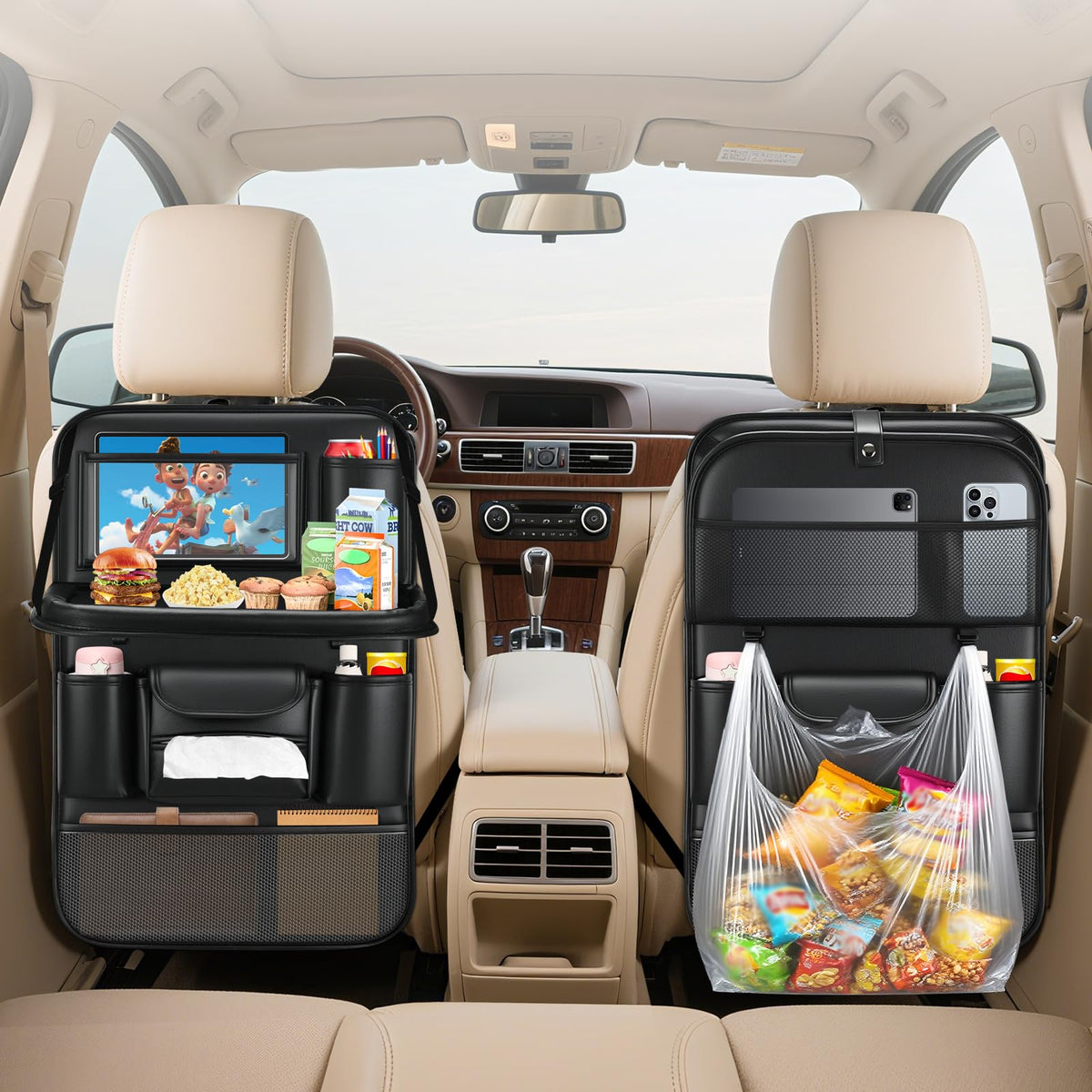 2 Pack Leather Car Backseat Organizer with Foldable Table Tray (2PCS)