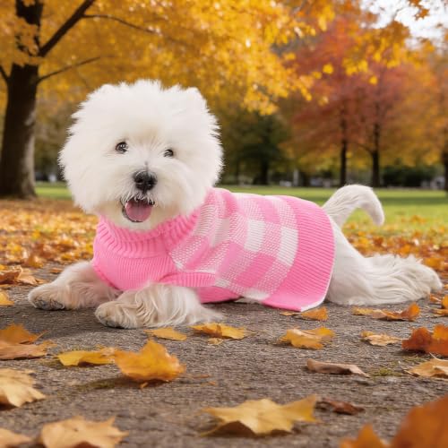 Dog Sweater Dress Plaid Knitwear for Small Dogs Girl Christmas Clothes (Pink / Small)