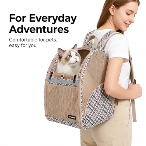 Cat Backpack Carrier for Small Dogs and Medium cat Puppy Kitten Bunny Pet Carrier Backpack Collapsible with Fully Ventilated Mesh with Safety Leash (Khaki / 12.9"L x 10.62"W x 15.5"H)