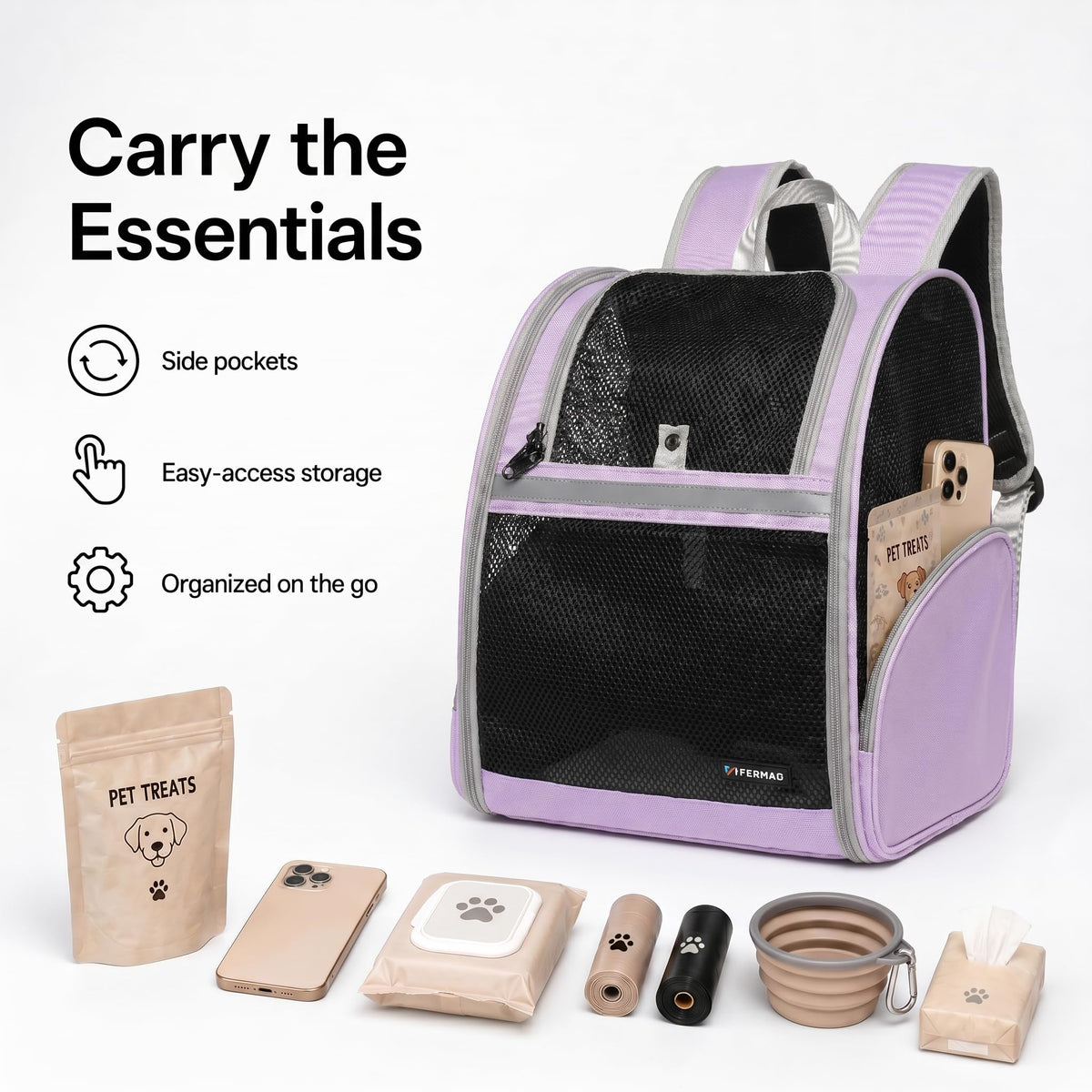 Cat Backpack Carrier for Small Dogs and Medium cat Puppy Kitten Bunny Pet Carrier Backpack Collapsible with Fully Ventilated Mesh with Safety Leash (Purple / 12.9"L x 10.6"W x 15.5"H)