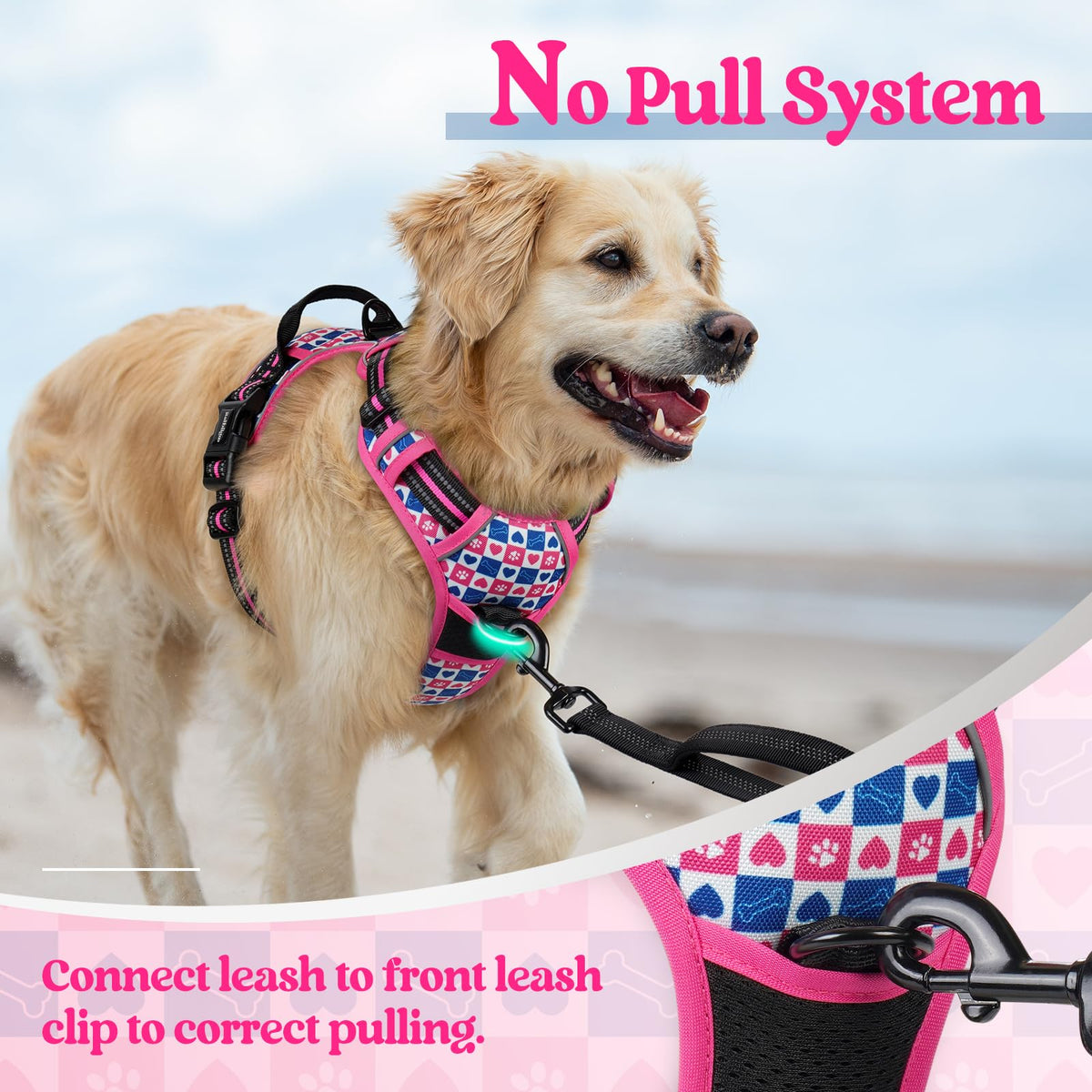 Dog Harness No Pull for Large Dogs with 2 Leash Clips (X-Large / Hot Pink Grid)