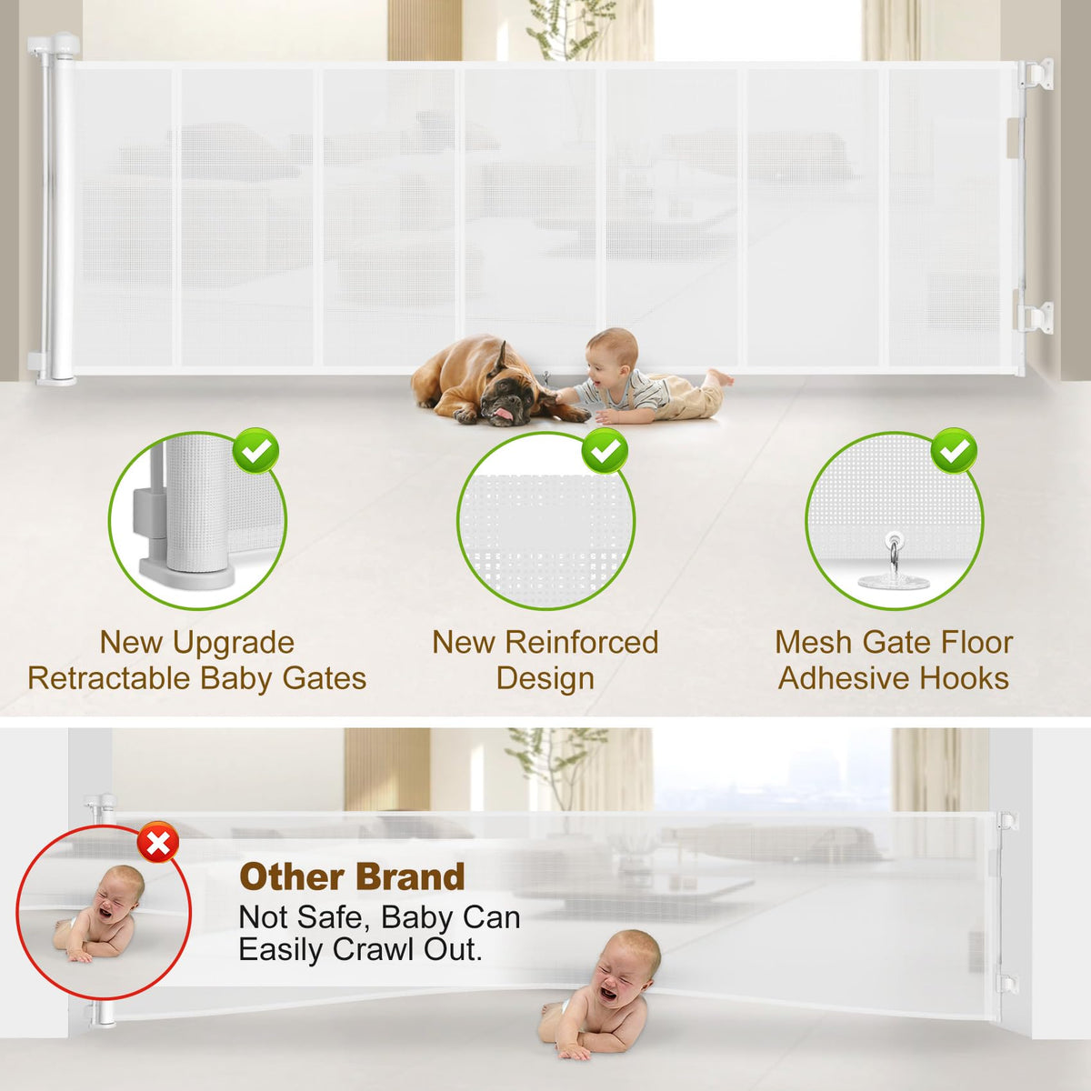 150 inch Reinforced Retractable Baby Gates 42 inch Tall (White / 42" Tall x 150" Wide)